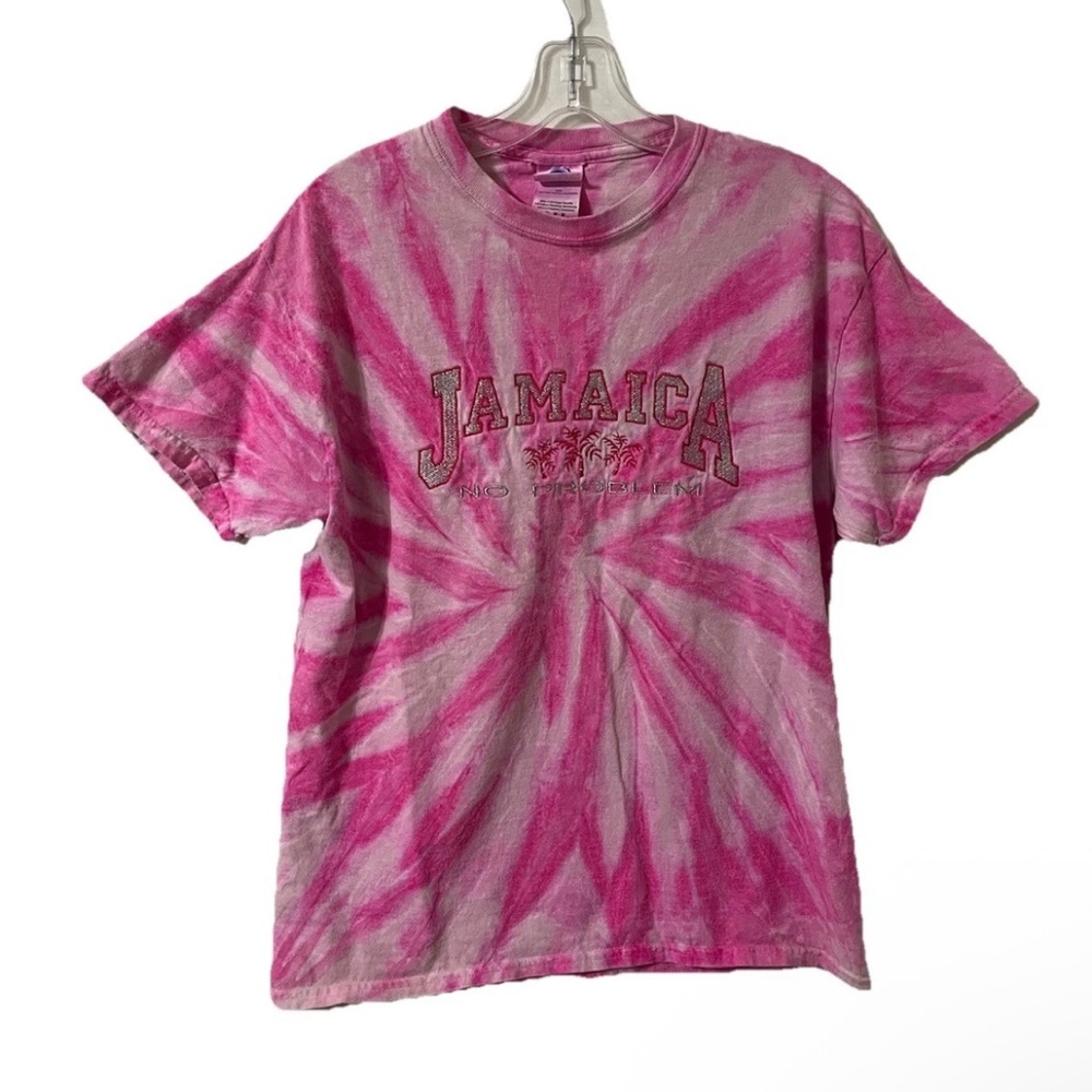 Jamaica No Problem Graphic Logo Pink Tie Dye Short Sleeve T Shirt Size M